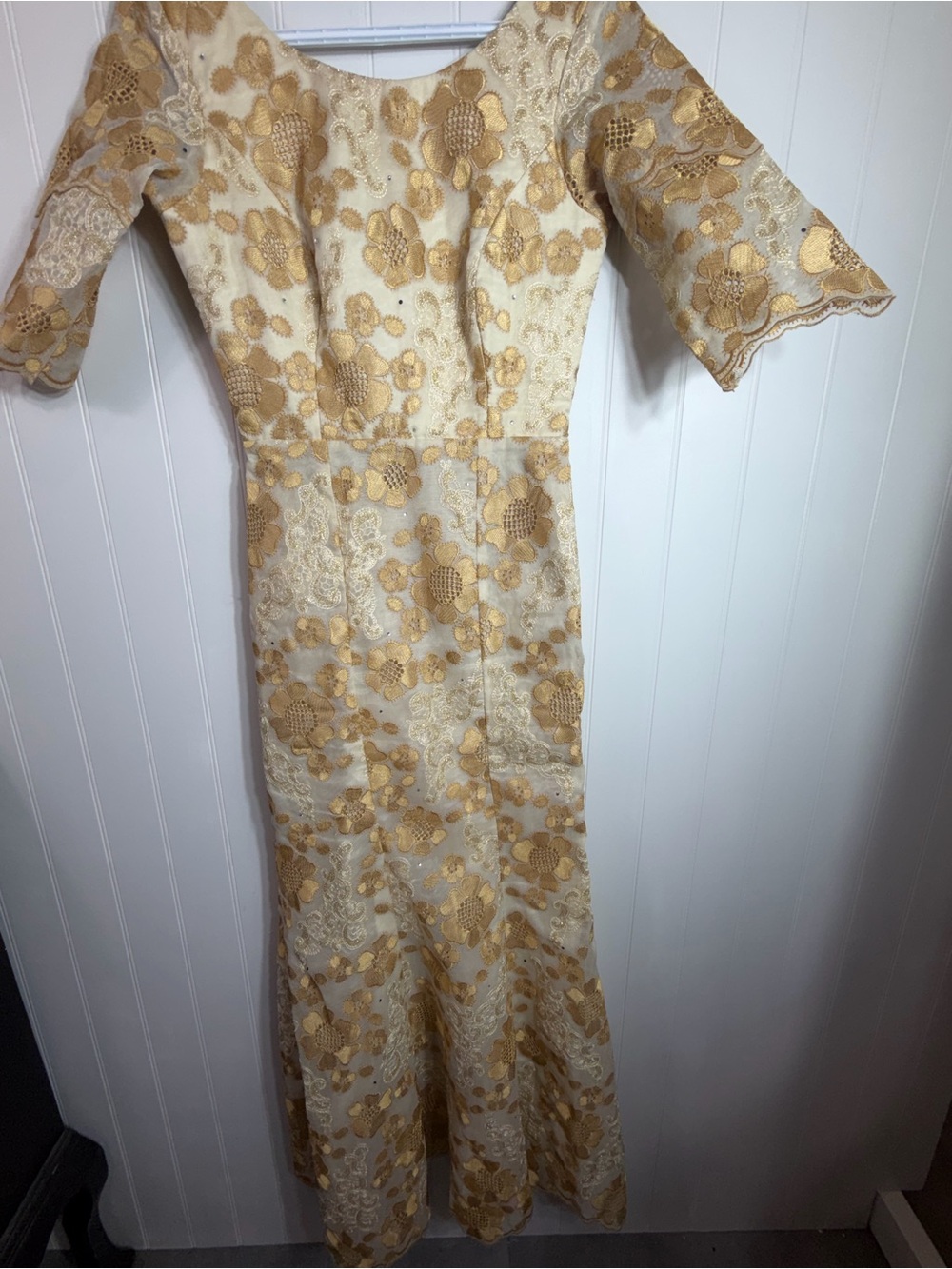 Vintage Gold Floral Embroidered Mermaid Maxi Dress Formal Gown Small Boho Glam - Picture 9 of 10